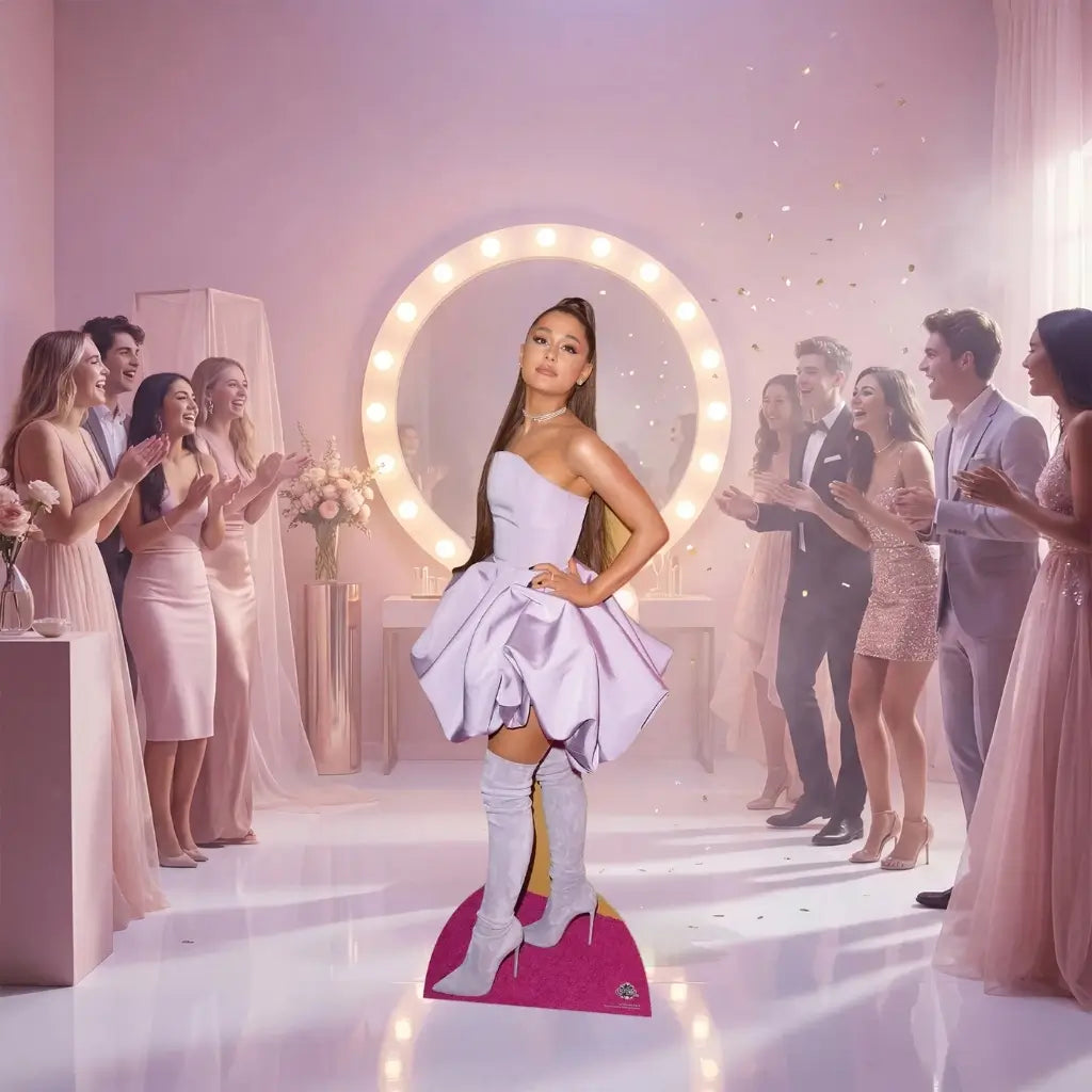 Ariana Grande cardboard standee in lilac dress and boots