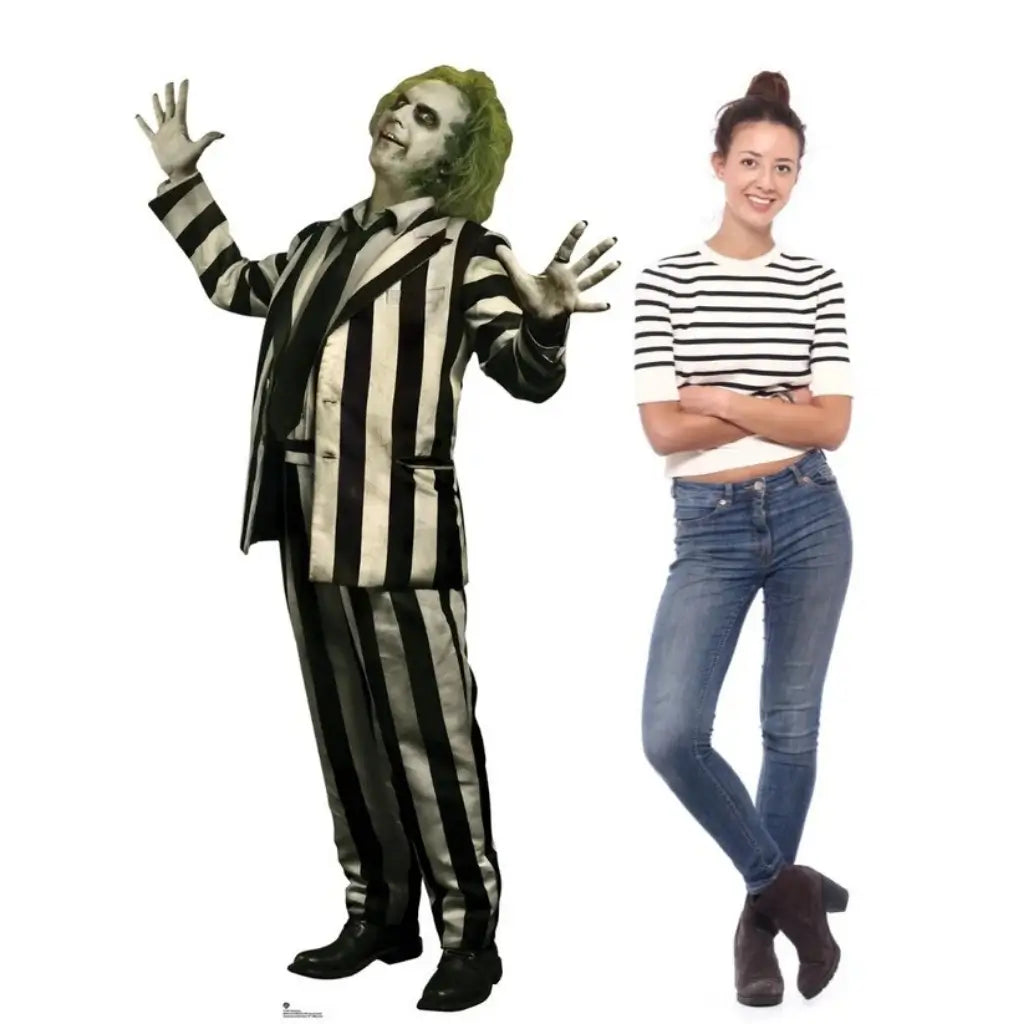 Michael Keaton Beetlejuice cardboard standee in black and white striped suit