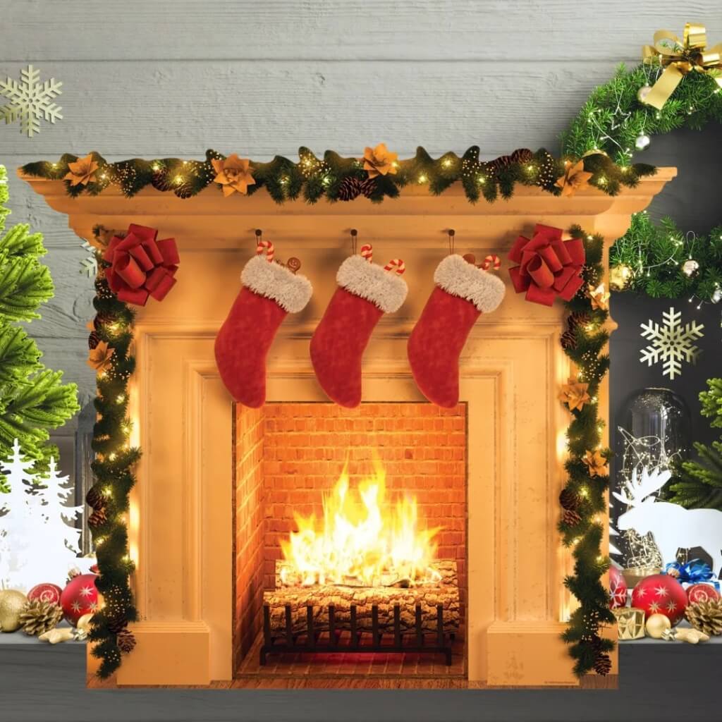 Christmas fireplace decoration and festive photo prop