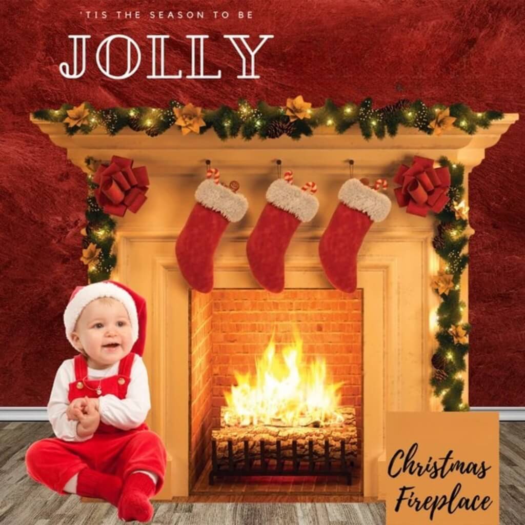 Festive fireplace cardboard prop for Christmas parties and photos