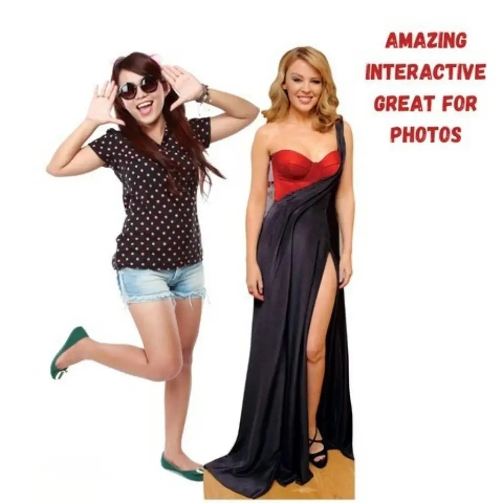 Kylie Minogue cardboard standee in black and red evening dress