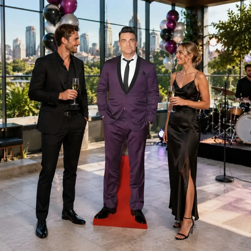 Robbie Williams cardboard standee wearing purple suit
