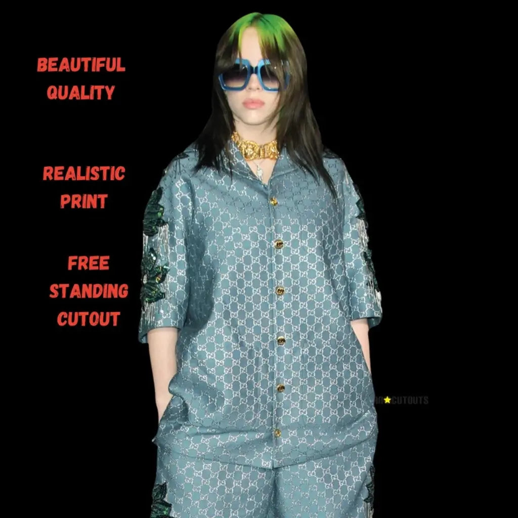 Billie Eilish sunglasses and green hair cardboard cutout