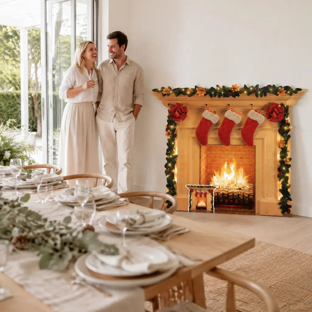 Christmas fireplace cardboard cutout for Santa photo backdrop