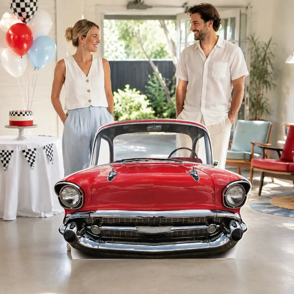 Classic red car stand-in for rock and roll themed parties