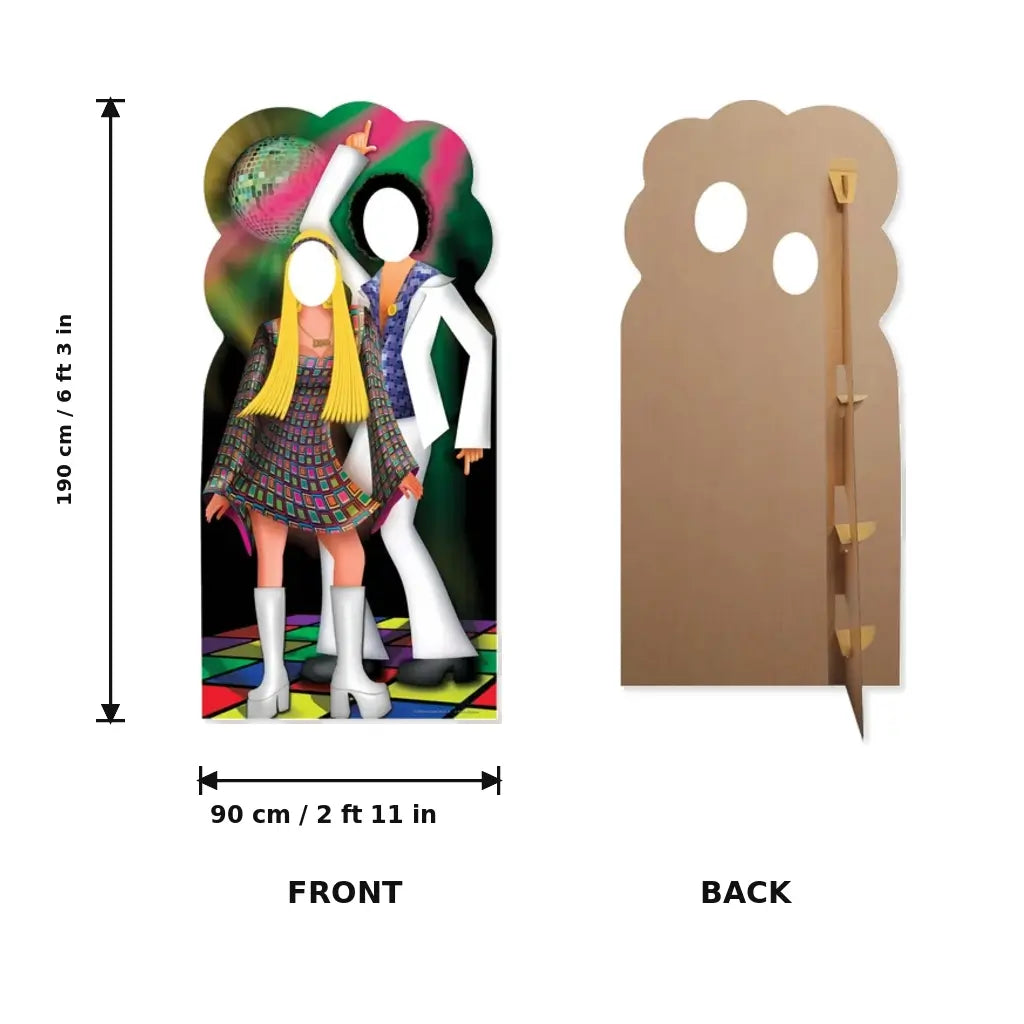 Disco themed cardboard stand-in photo prop for 70s parties size