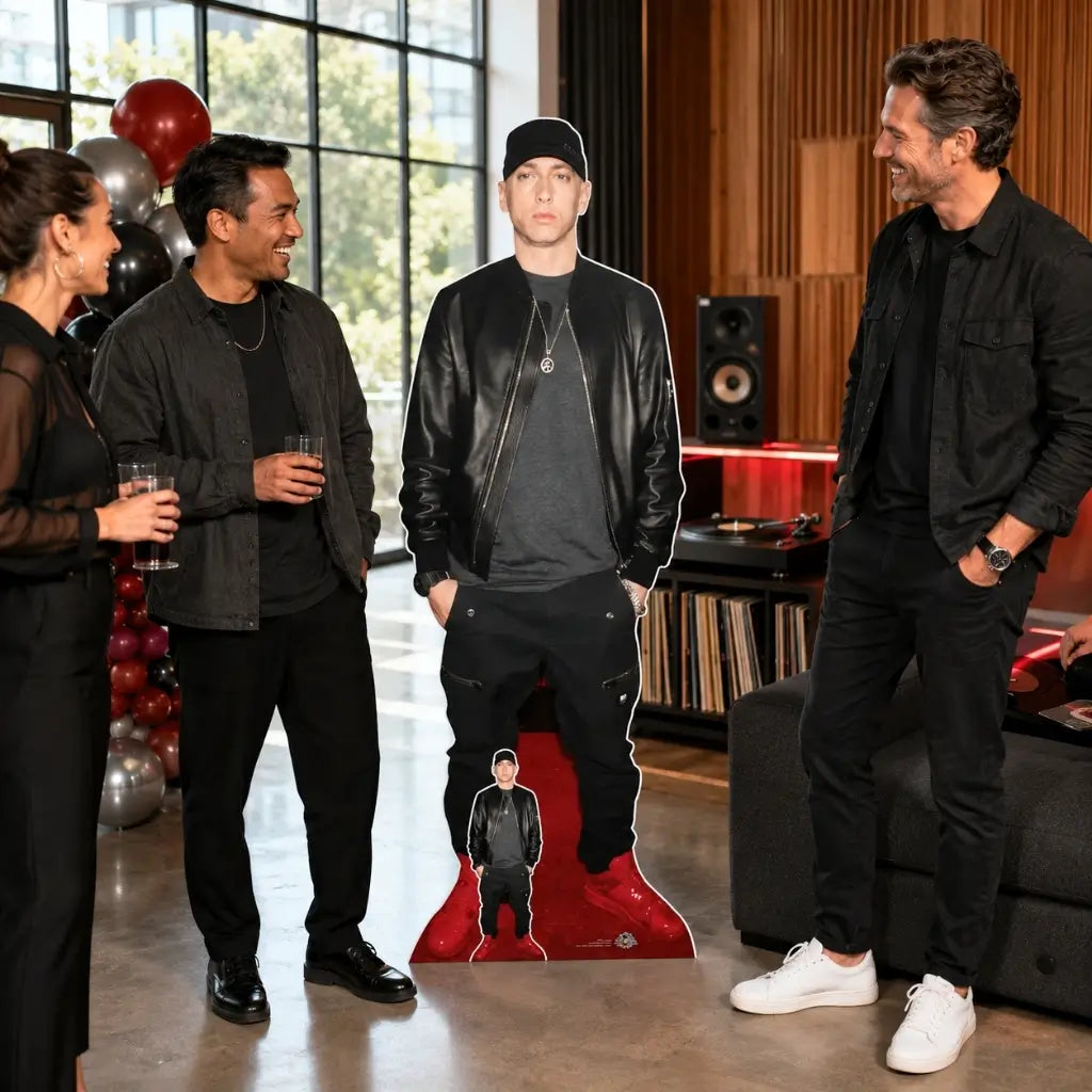 Eminem cardboard standee in black outfit with mini cutout