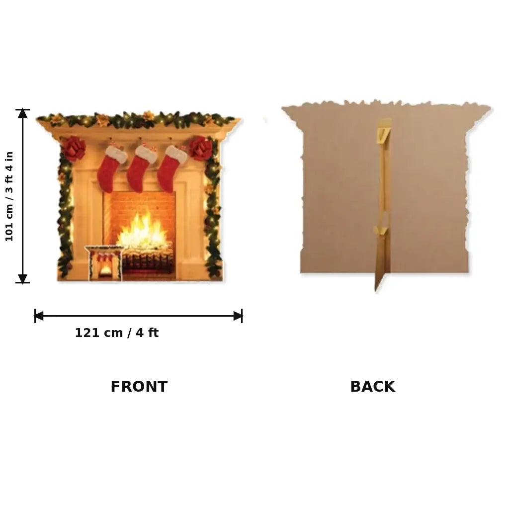 Festive fireplace cardboard prop for Christmas parties and photos dimensions