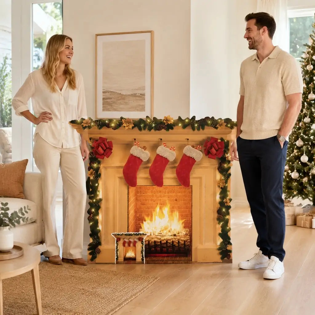 Festive Christmas fireplace cardboard cutout 101cm