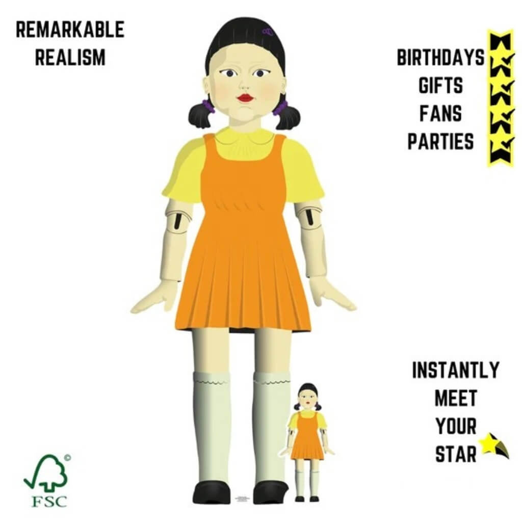 Red Light Green Light inspired giant doll cardboard standee