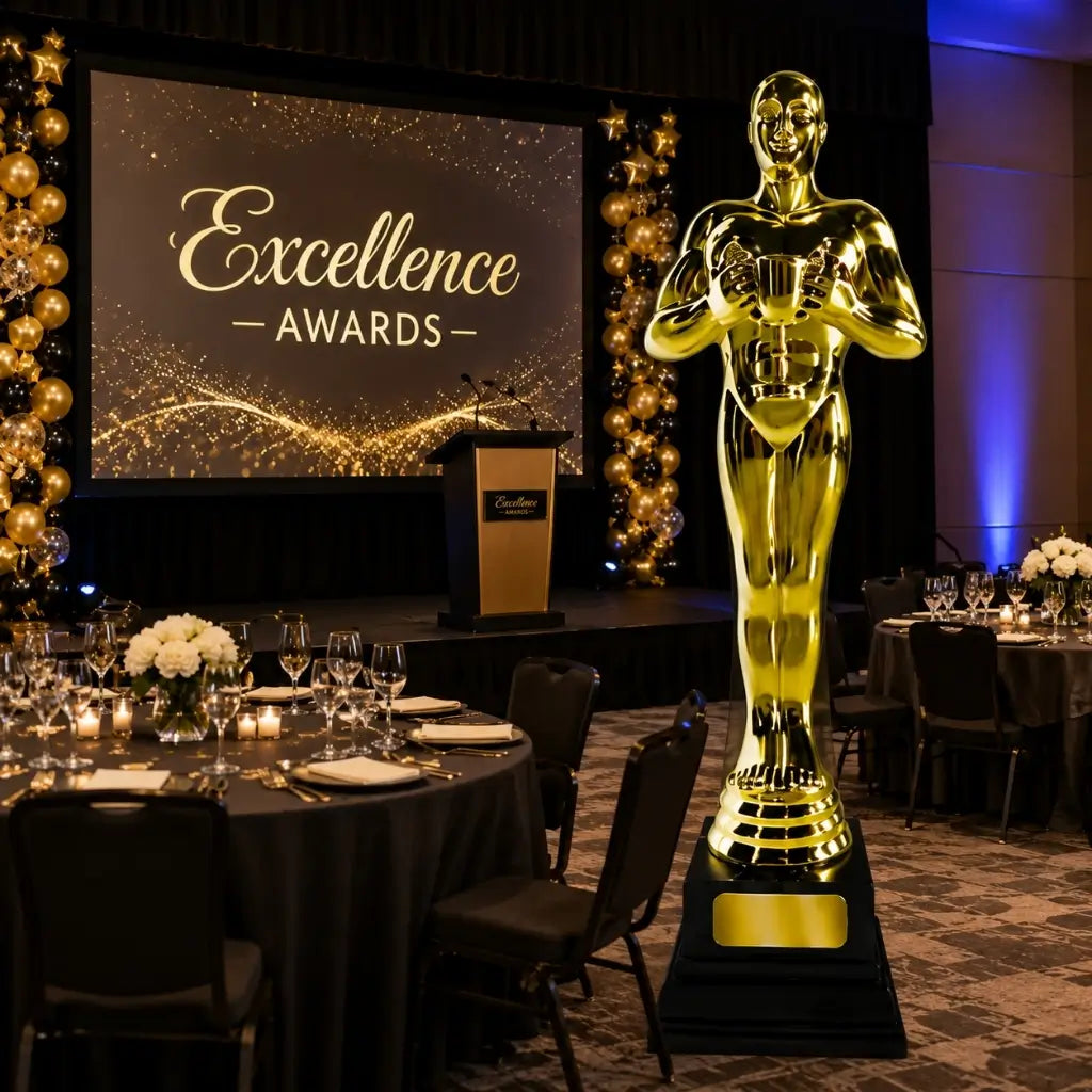 Gold Oscar statue on a platform with 'Excellence Awards' screen in the background