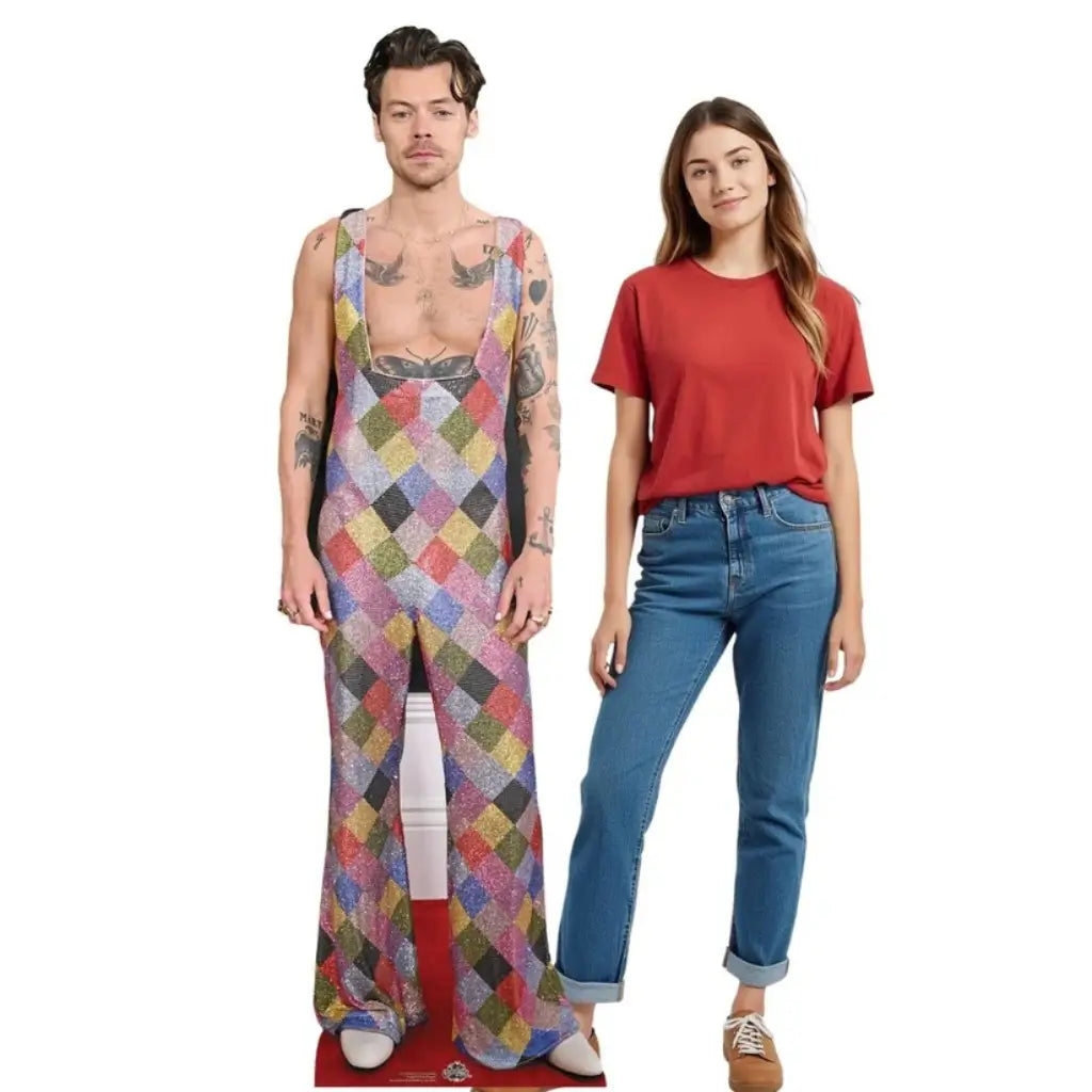 Harry Styles colourful dungarees cardboard cutout with mini