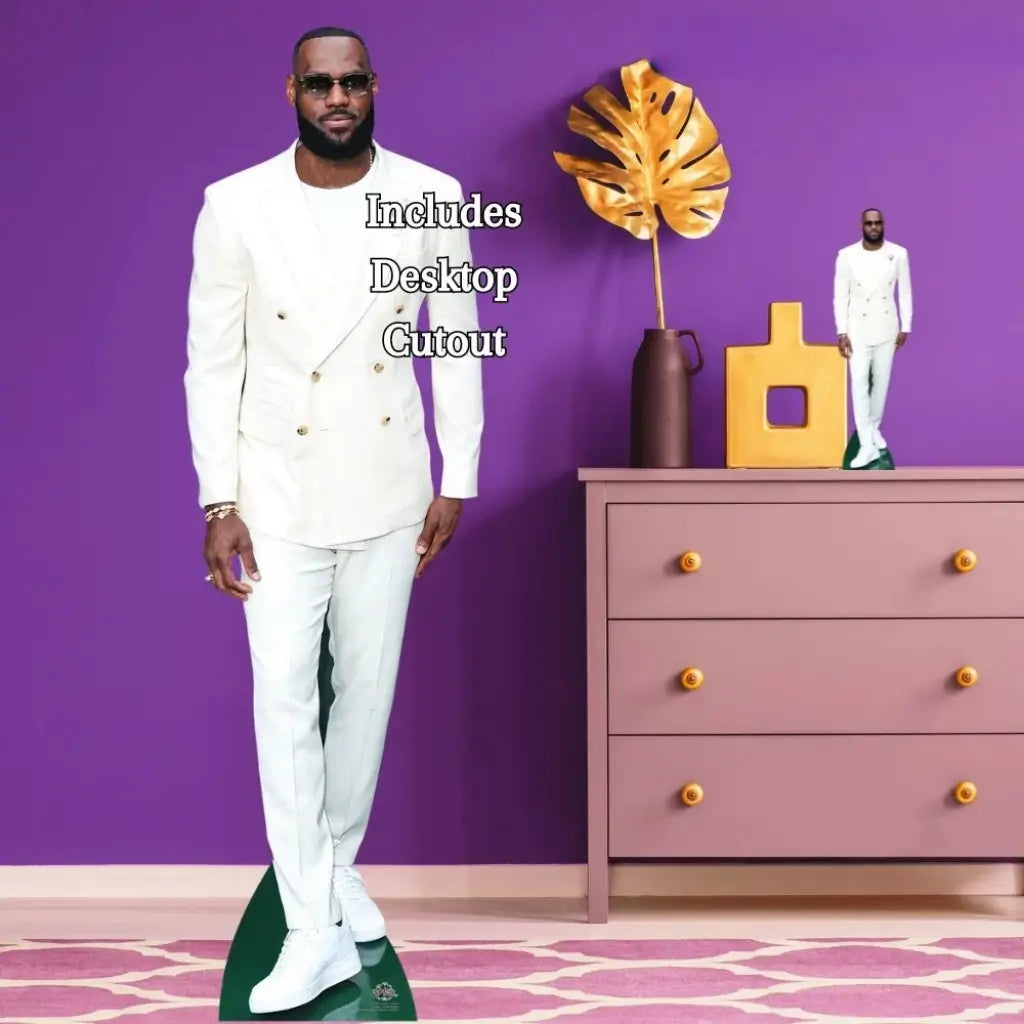 LeBron James white suit cardboard standee with matching mini cutout