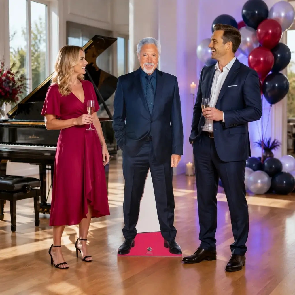 Tom Jones cardboard standee wearing dark suit